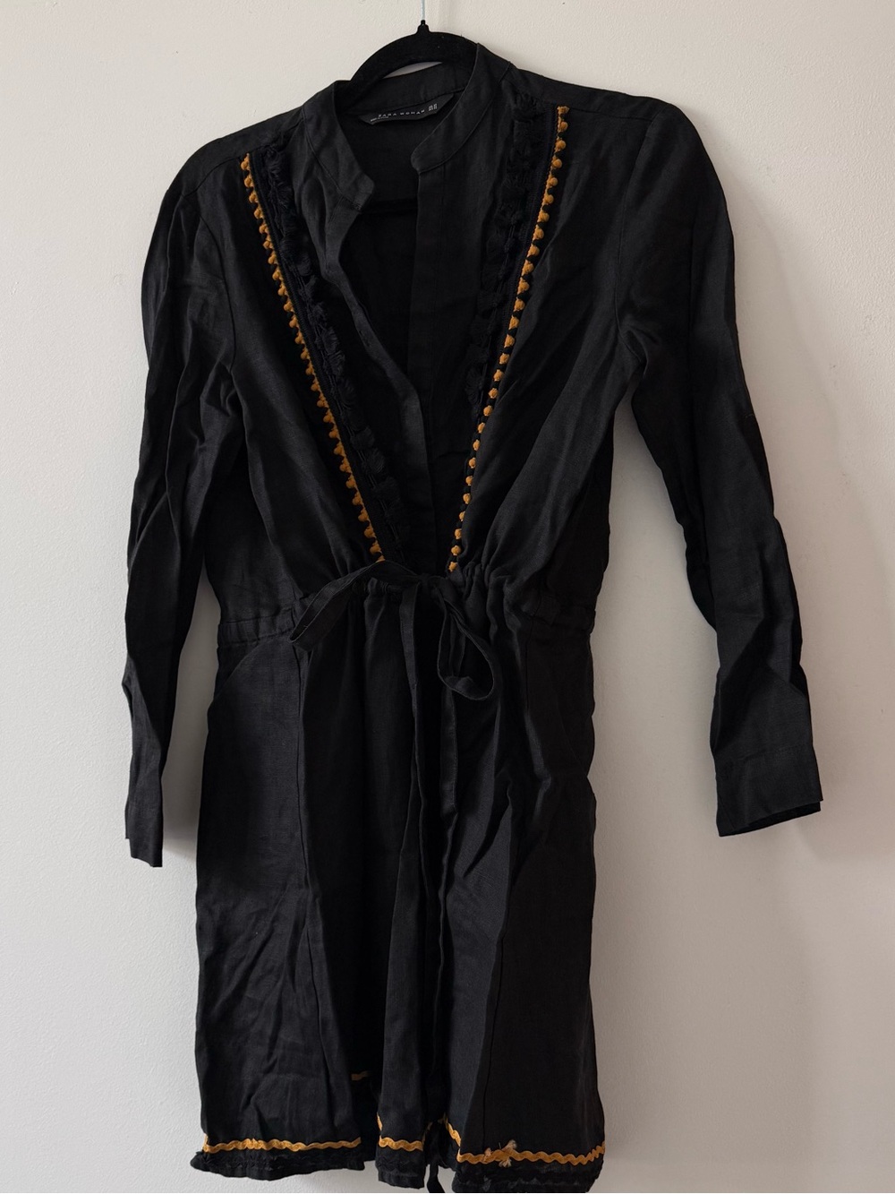 Zara Embroidered Black Tie-Waist Tunic Dress